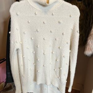 Madewell Cream Turtleneck Sweater with Pom-Pom Accents